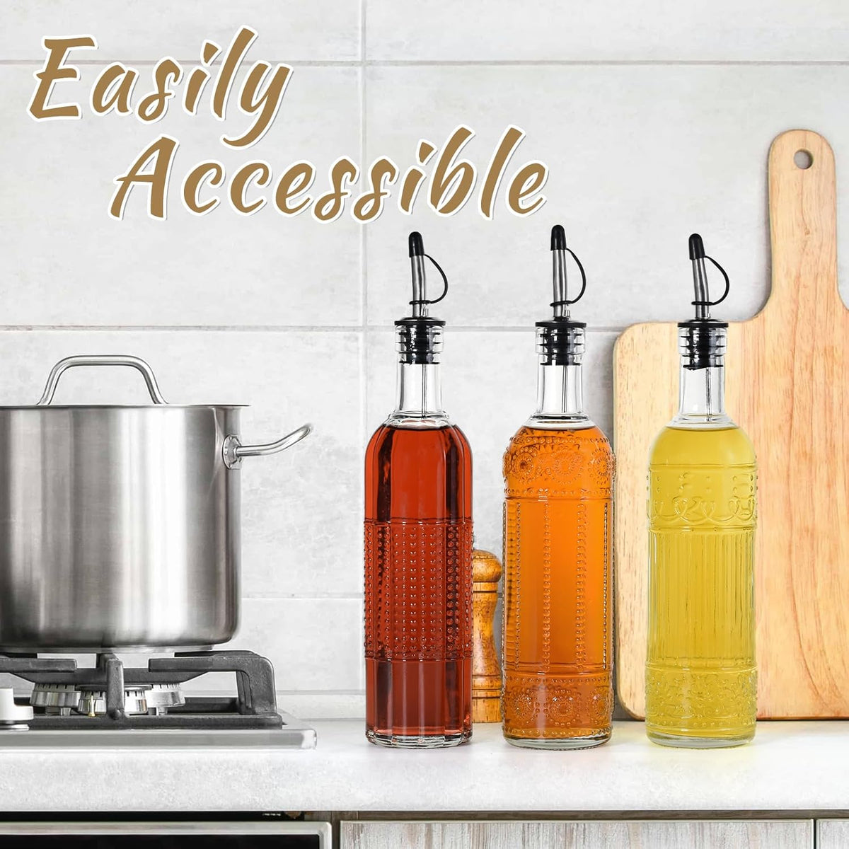 3-Pack Glass Oil Dispensers 500ML/17OZ, Oil and Vinegar Bottles Set with Stainless Steel Pourers, Brush, Funnel, Seal Caps (Round)