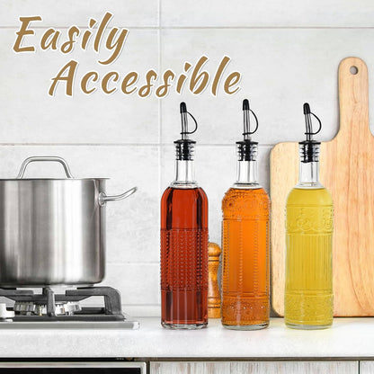3-Pack Glass Oil Dispensers 500ML/17OZ, Oil and Vinegar Bottles Set with Stainless Steel Pourers, Brush, Funnel, Seal Caps (Round)