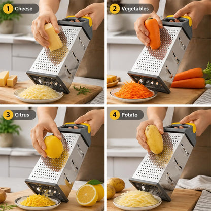 Cheese Grater, 4 Sided Stainless Steel Box Grater, Vegetable Slicer with Non-Slip Base, Kitchen Food Shredder for Block Cheese Vegetables, Dishwasher Safe