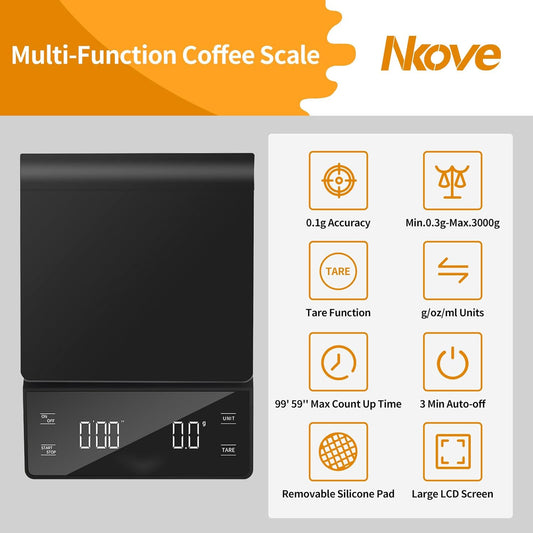 Coffee Scale with Timer, 0.1g High Precision Espresso Scale 3kg | Digital Coffee Weight Scale with Tare Function, LED Display, Battery Powered, for Pour Over Coffee and Espresso Machine