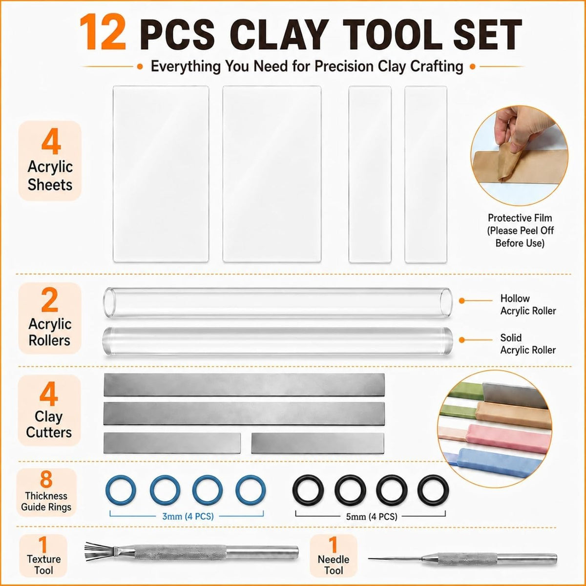 12 Pcs Polymer Clay Tools Kit, Acrylic Roller Rolling Pin Cutters
