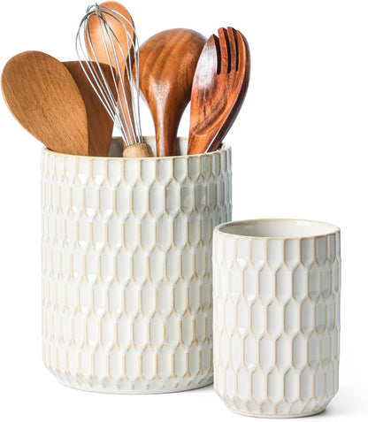 Utensil Holder Set of 2, Large & Small Ceramic Crocks for Kitchen | Countertop, Farmhouse Kitchen Decor, Thick Durable Utensil Crock Organizer, Beige