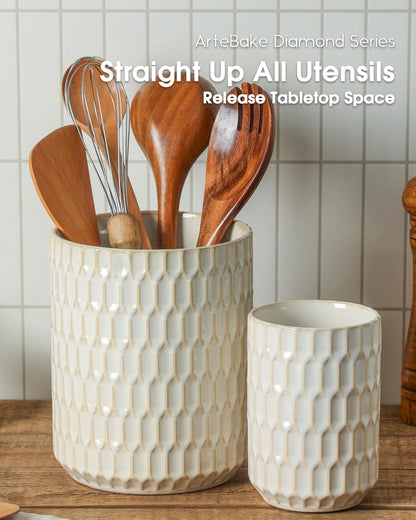 Utensil Holder Set of 2, Large & Small Ceramic Crocks for Kitchen | Countertop, Farmhouse Kitchen Decor, Thick Durable Utensil Crock Organizer, Beige
