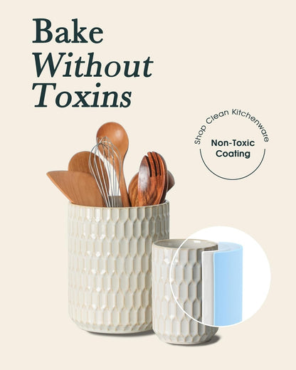 Utensil Holder Set of 2, Large & Small Ceramic Crocks for Kitchen | Countertop, Farmhouse Kitchen Decor, Thick Durable Utensil Crock Organizer, Beige