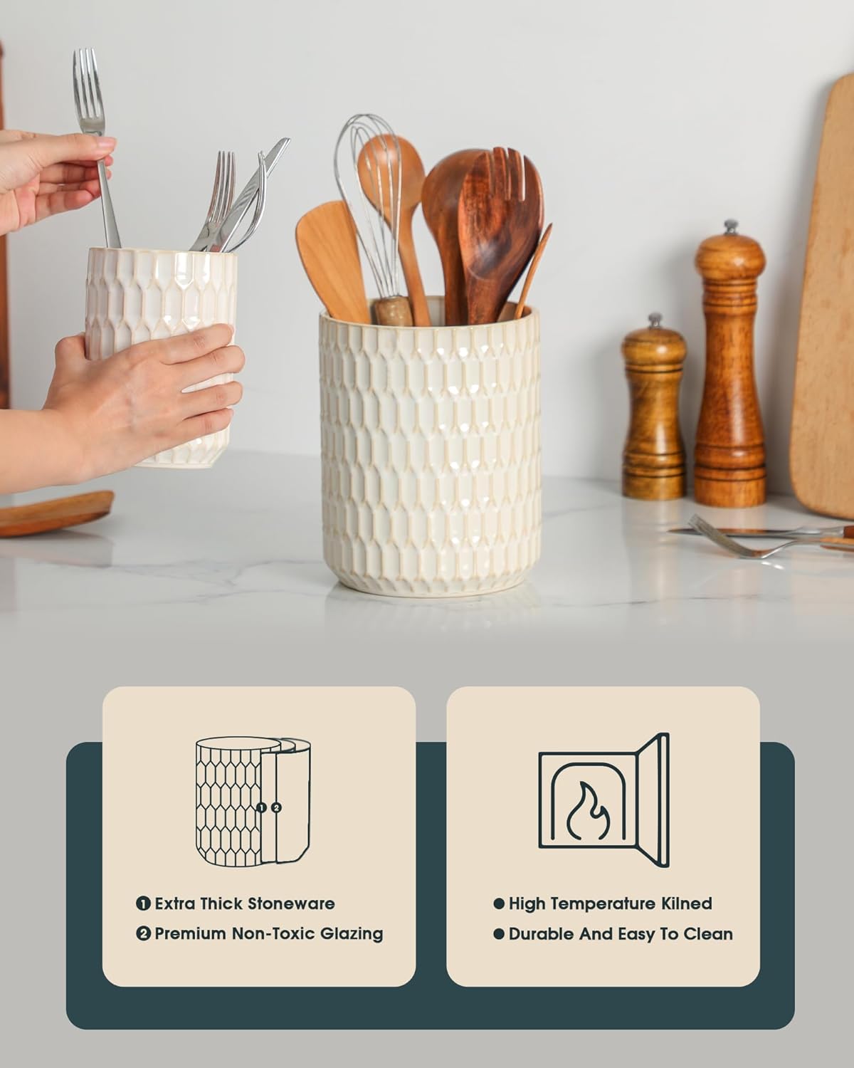 Utensil Holder Set of 2, Large & Small Ceramic Crocks for Kitchen | Countertop, Farmhouse Kitchen Decor, Thick Durable Utensil Crock Organizer, Beige