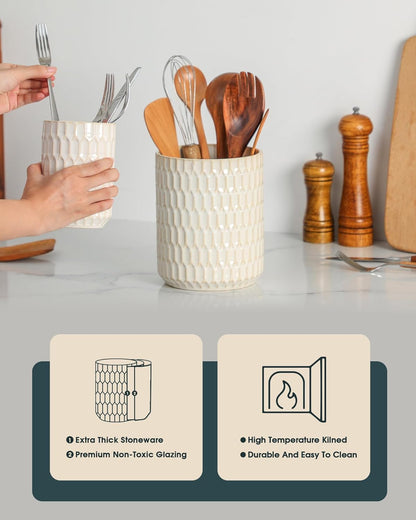 Utensil Holder Set of 2, Large & Small Ceramic Crocks for Kitchen | Countertop, Farmhouse Kitchen Decor, Thick Durable Utensil Crock Organizer, Beige