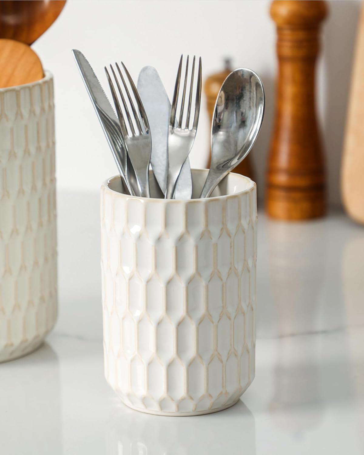 Utensil Holder Set of 2, Large & Small Ceramic Crocks for Kitchen | Countertop, Farmhouse Kitchen Decor, Thick Durable Utensil Crock Organizer, Beige