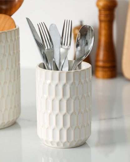 Utensil Holder Set of 2, Large & Small Ceramic Crocks for Kitchen | Countertop, Farmhouse Kitchen Decor, Thick Durable Utensil Crock Organizer, Beige