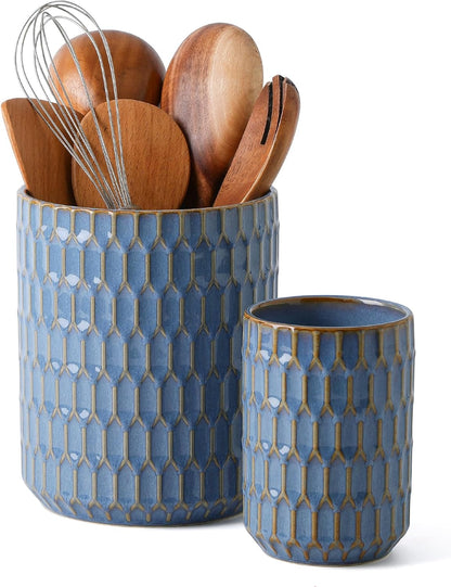 Utensil Holder Set of 2, Large & Small Ceramic Crocks for Kitchen | Countertop, Farmhouse Kitchen Decor, Thick Durable Utensil Crock Organizer, Beige