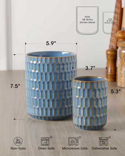 Utensil Holder Set of 2, Large & Small Ceramic Crocks for Kitchen | Countertop, Farmhouse Kitchen Decor, Thick Durable Utensil Crock Organizer, Beige