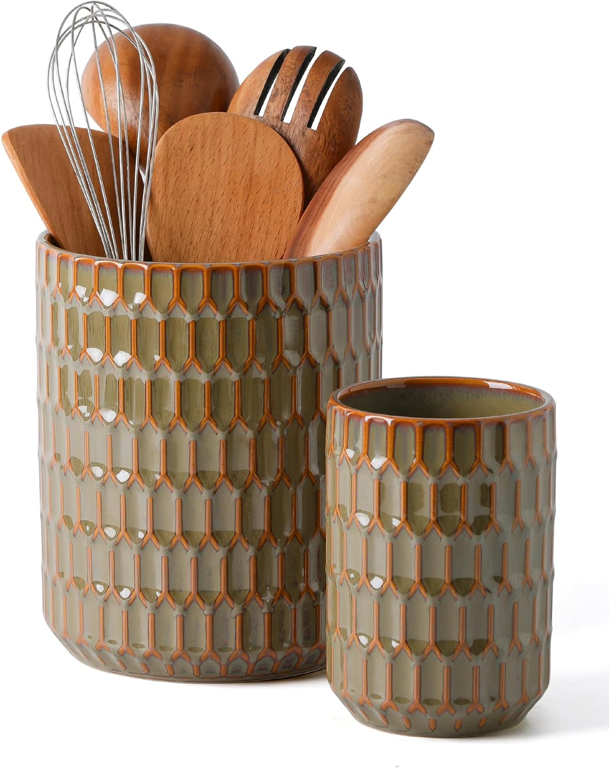 Utensil Holder Set of 2, Large & Small Ceramic Crocks for Kitchen | Countertop, Farmhouse Kitchen Decor, Thick Durable Utensil Crock Organizer, Beige