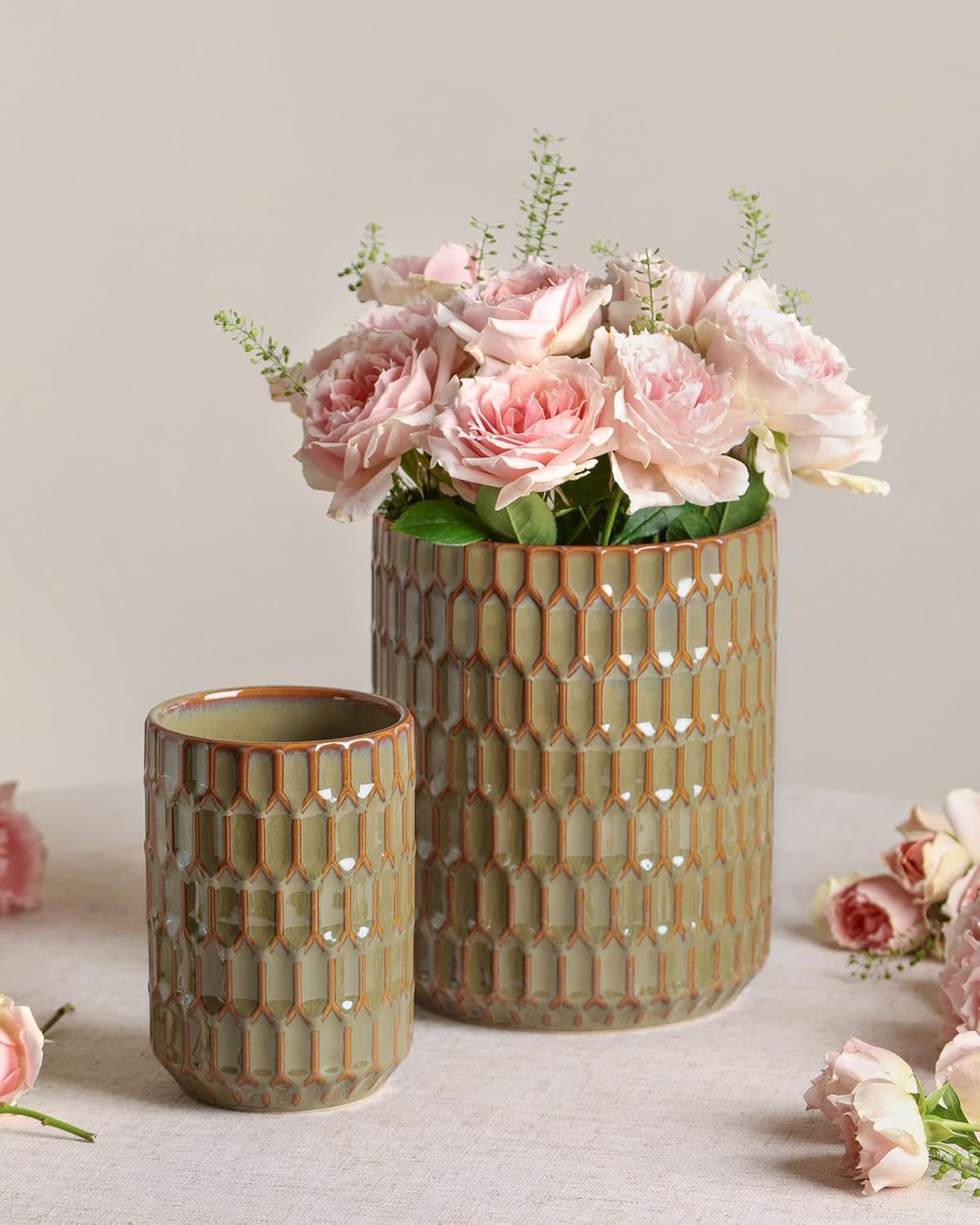 Utensil Holder Set of 2, Large & Small Ceramic Crocks for Kitchen | Countertop, Farmhouse Kitchen Decor, Thick Durable Utensil Crock Organizer, Beige