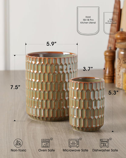 Utensil Holder Set of 2, Large & Small Ceramic Crocks for Kitchen | Countertop, Farmhouse Kitchen Decor, Thick Durable Utensil Crock Organizer, Beige