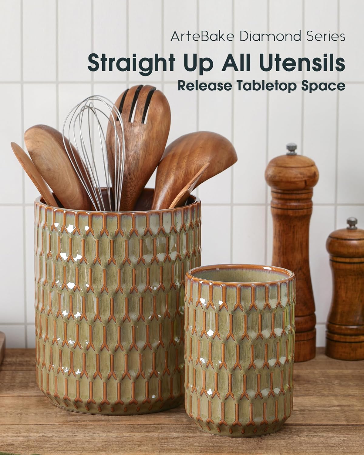 Utensil Holder Set of 2, Large & Small Ceramic Crocks for Kitchen | Countertop, Farmhouse Kitchen Decor, Thick Durable Utensil Crock Organizer, Beige