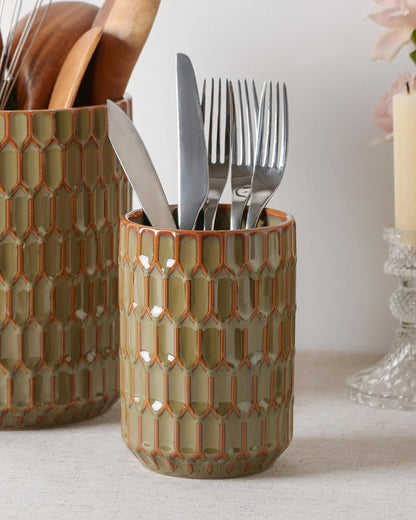 Utensil Holder Set of 2, Large & Small Ceramic Crocks for Kitchen | Countertop, Farmhouse Kitchen Decor, Thick Durable Utensil Crock Organizer, Beige