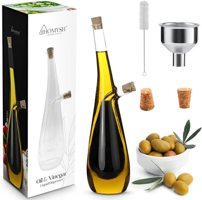 Oil and Vinegar Dispenser Bottle 2-in-1, Glass Cruet Set for Kitchen, Dual-Chamber Olive Oil & Vinegar Dispenser, Cork Stoppers, Funnel & Brush Included, 13 oz, Clear