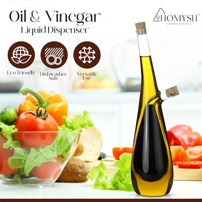 Oil and Vinegar Dispenser Bottle 2-in-1, Glass Cruet Set for Kitchen, Dual-Chamber Olive Oil & Vinegar Dispenser, Cork Stoppers, Funnel & Brush Included, 13 oz, Clear