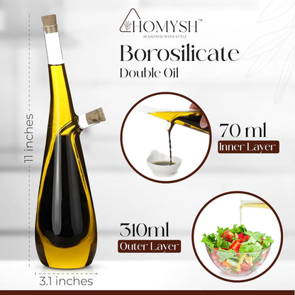 Oil and Vinegar Dispenser Bottle 2-in-1, Glass Cruet Set for Kitchen, Dual-Chamber Olive Oil & Vinegar Dispenser, Cork Stoppers, Funnel & Brush Included, 13 oz, Clear
