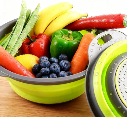 Three-Piece Collapsible Strainer - Made of Silicone with a Plastic Handle, Used for Draining Pasta, Vegetables, and Fruits - Space-Saving Kitchen Straining Basket (green)
