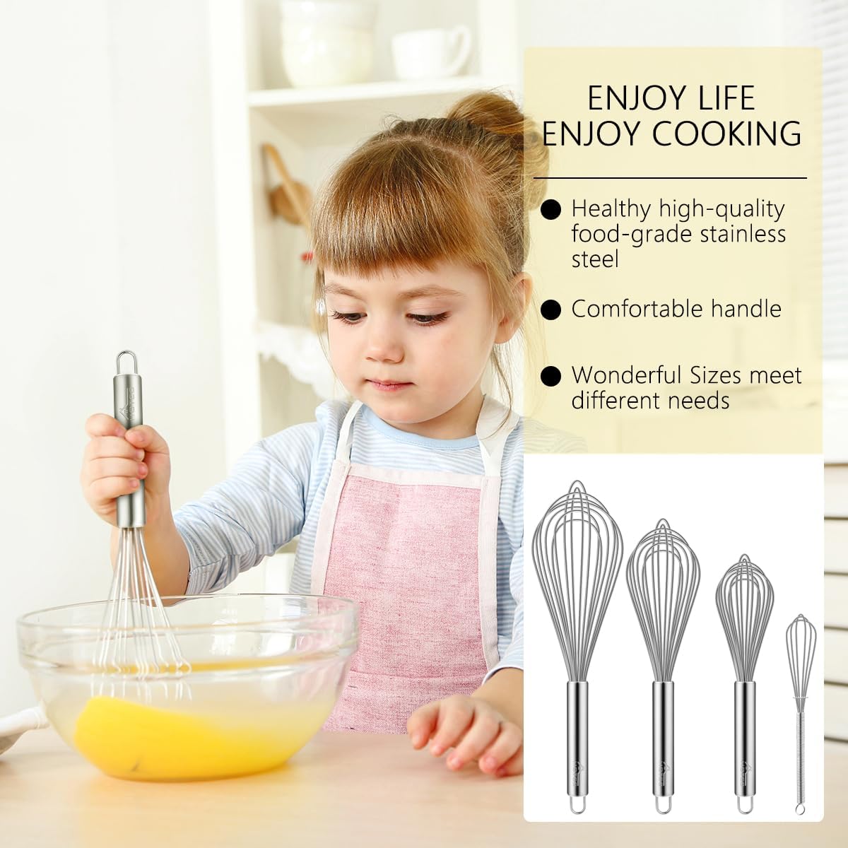 Stainless Steel Whisk Set of 4, Food Grade Balloon Whisk Egg Beater, Thicken Wire Mixing Whisk for Baking, Cooking, Whisking Cream, Sauce, Pancake Batter