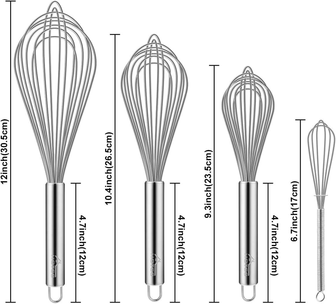 Stainless Steel Whisk Set of 4, Food Grade Balloon Whisk Egg Beater, Thicken Wire Mixing Whisk for Baking, Cooking, Whisking Cream, Sauce, Pancake Batter