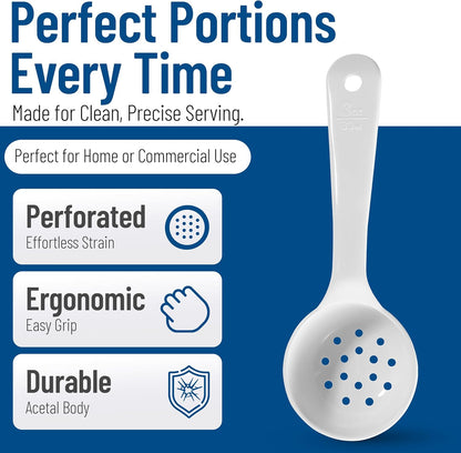 8" 3 oz Perforated Portion Control Spoon – Short Handle spoon – Flat Bottom spoon, Dishwasher Compatible, White