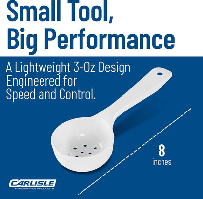 8" 3 oz Perforated Portion Control Spoon – Short Handle spoon – Flat Bottom spoon, Dishwasher Compatible, White