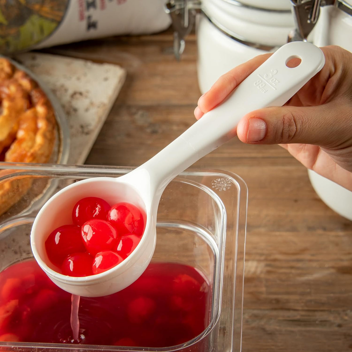 8" 3 oz Perforated Portion Control Spoon – Short Handle spoon – Flat Bottom spoon, Dishwasher Compatible, White