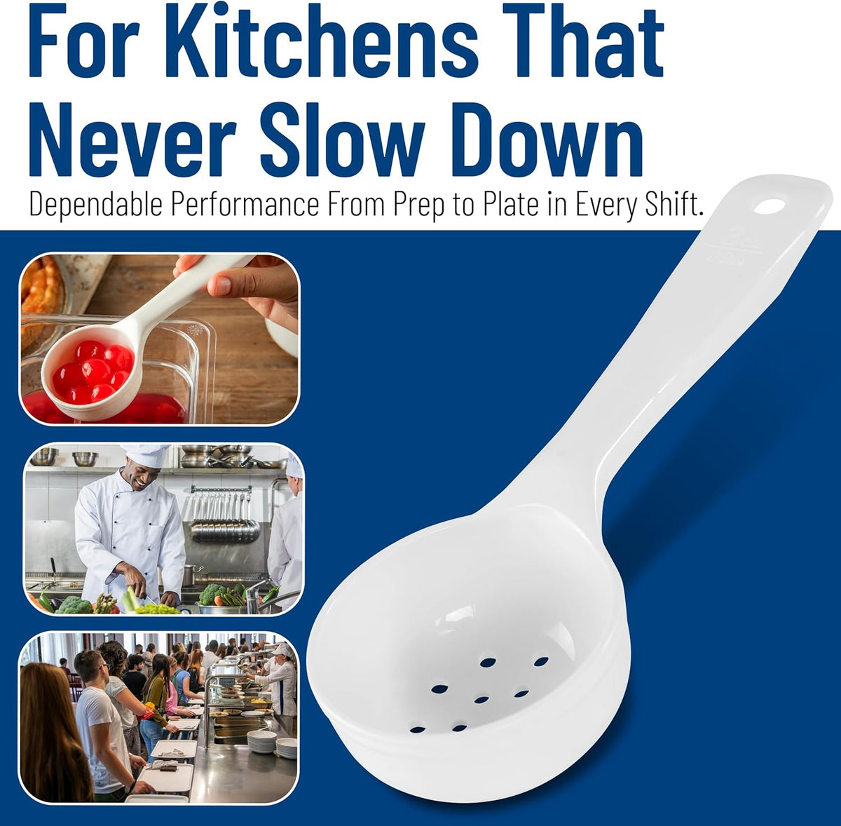 8" 3 oz Perforated Portion Control Spoon – Short Handle spoon – Flat Bottom spoon, Dishwasher Compatible, White