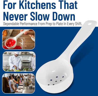8" 3 oz Perforated Portion Control Spoon – Short Handle spoon – Flat Bottom spoon, Dishwasher Compatible, White