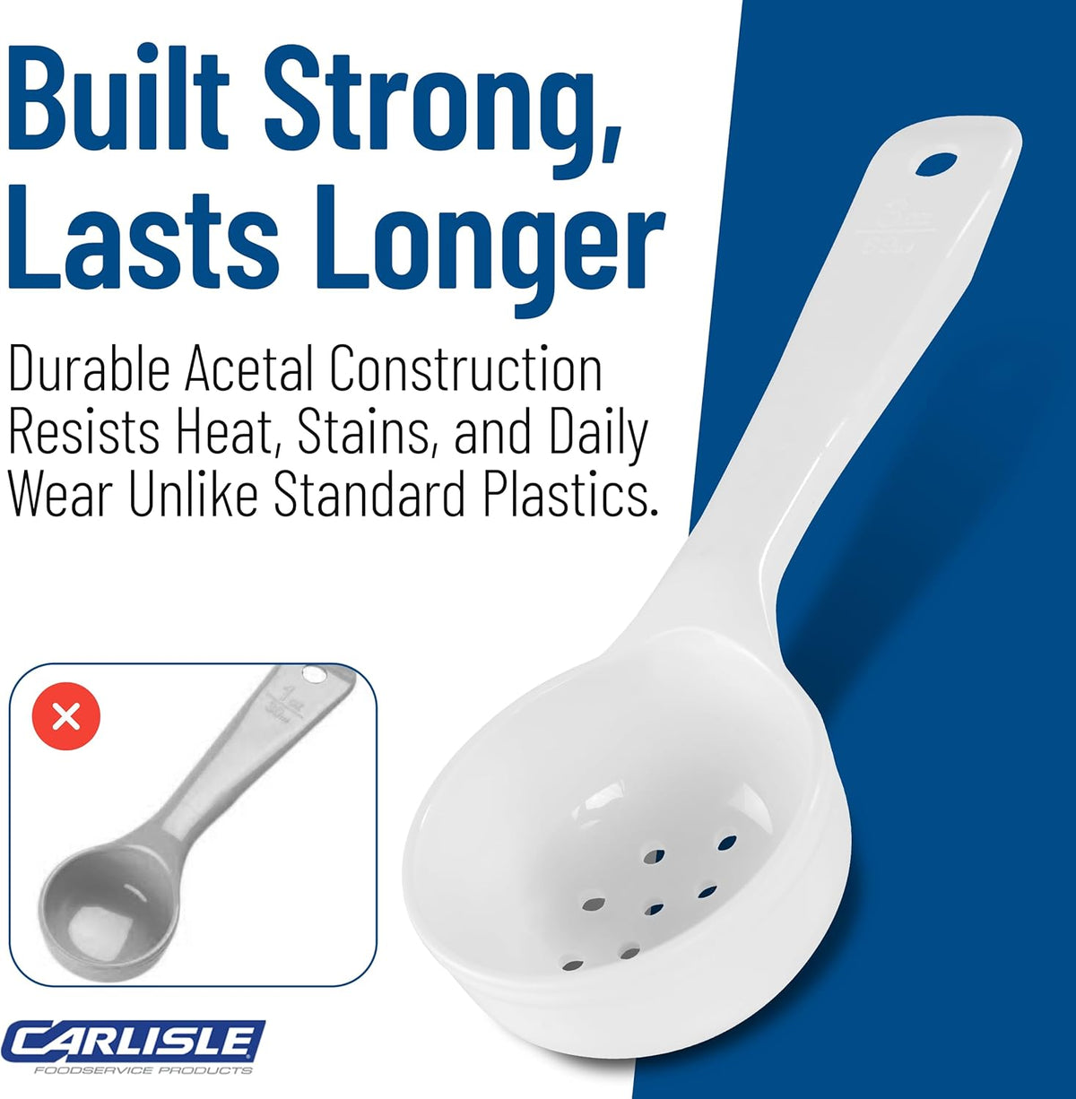 8" 3 oz Perforated Portion Control Spoon – Short Handle spoon – Flat Bottom spoon, Dishwasher Compatible, White