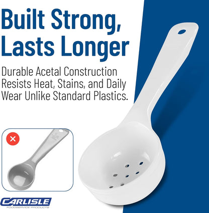 8" 3 oz Perforated Portion Control Spoon – Short Handle spoon – Flat Bottom spoon, Dishwasher Compatible, White
