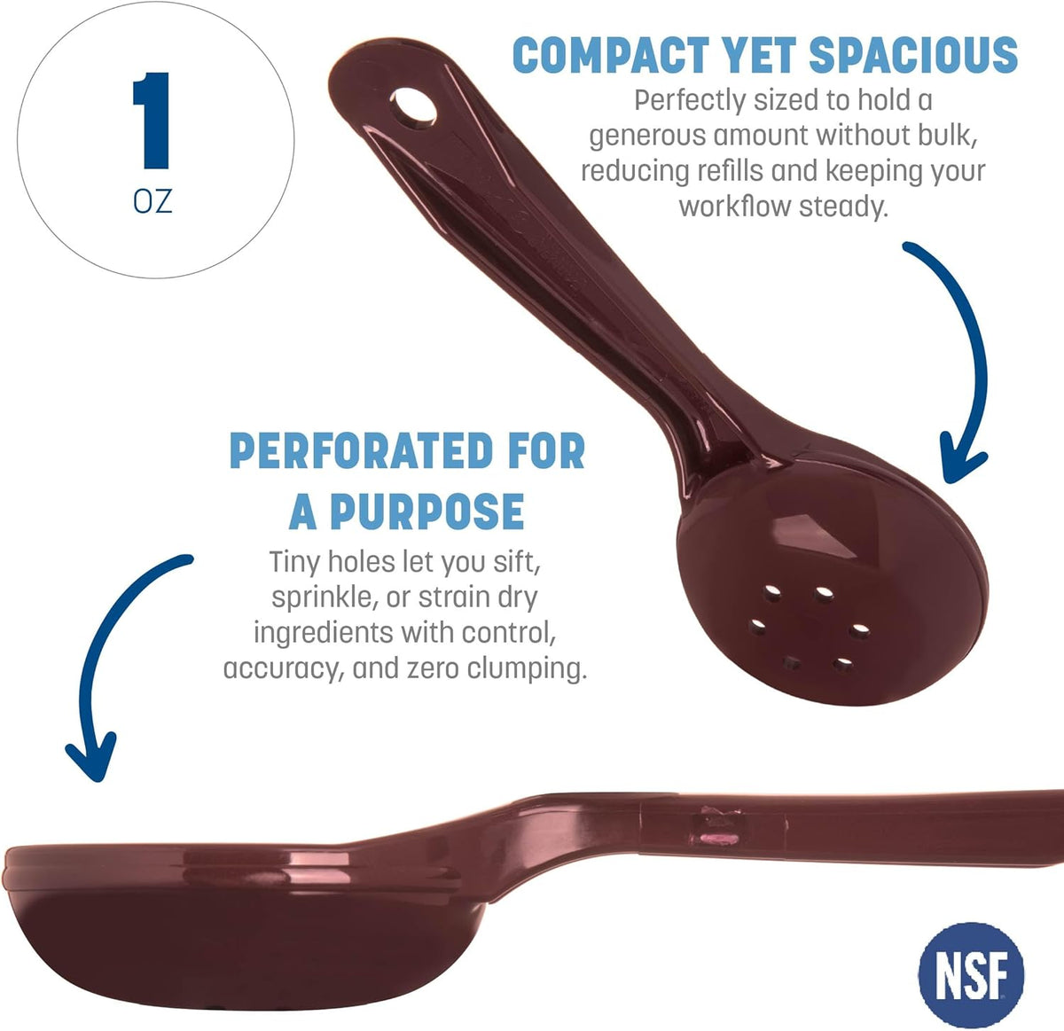 8" 3 oz Perforated Portion Control Spoon – Short Handle spoon – Flat Bottom spoon, Dishwasher Compatible, White