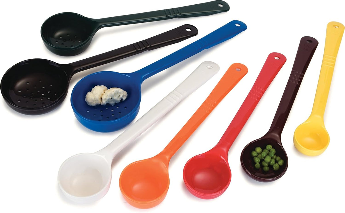 8" 3 oz Perforated Portion Control Spoon – Short Handle spoon – Flat Bottom spoon, Dishwasher Compatible, White