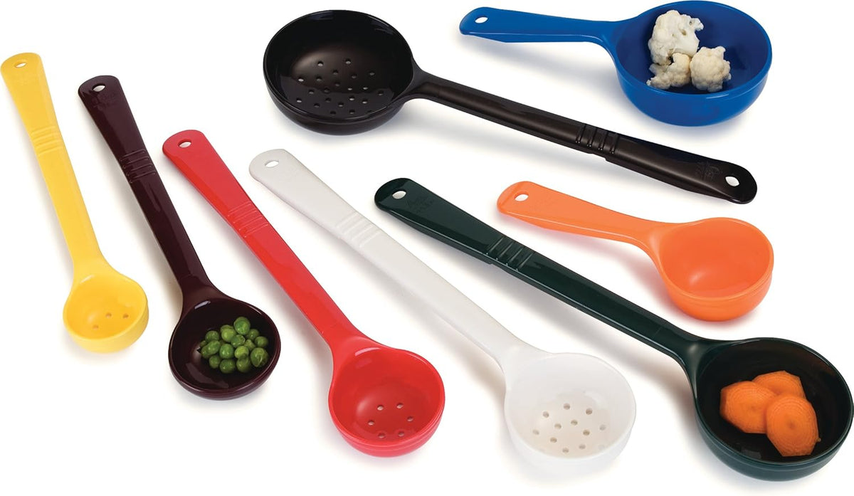 8" 3 oz Perforated Portion Control Spoon – Short Handle spoon – Flat Bottom spoon, Dishwasher Compatible, White