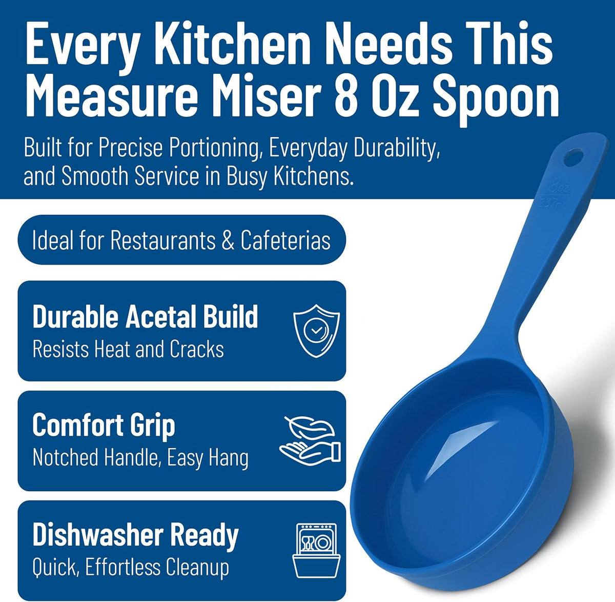 8" 3 oz Perforated Portion Control Spoon – Short Handle spoon – Flat Bottom spoon, Dishwasher Compatible, White