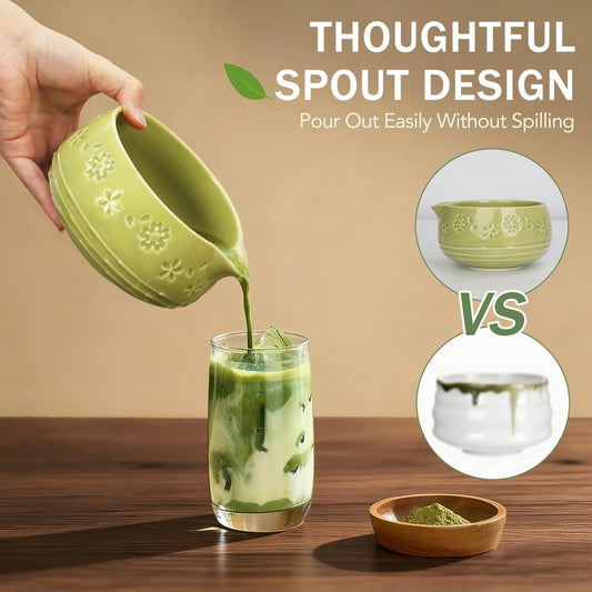 Matcha Whisk Set, Ceramic Matcha Kit for Beginners & Tea Lovers | 8-Piece Set with 550ml Spouted Bowl, 80-Prong Whisk, Sifter, Scoop & Gift Box, Premium Ceramic, Easy to Clean