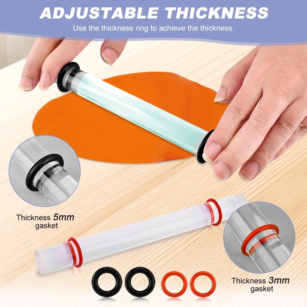 Acrylic Clay Rolling Pin with 3mm & 5mm Adjustable Thickness Rings – Essential Polymer Air-Dry Clay Tool Kit for Sculpting, Shaping & Jewelry Making Crafts(7.68x0.79inch)