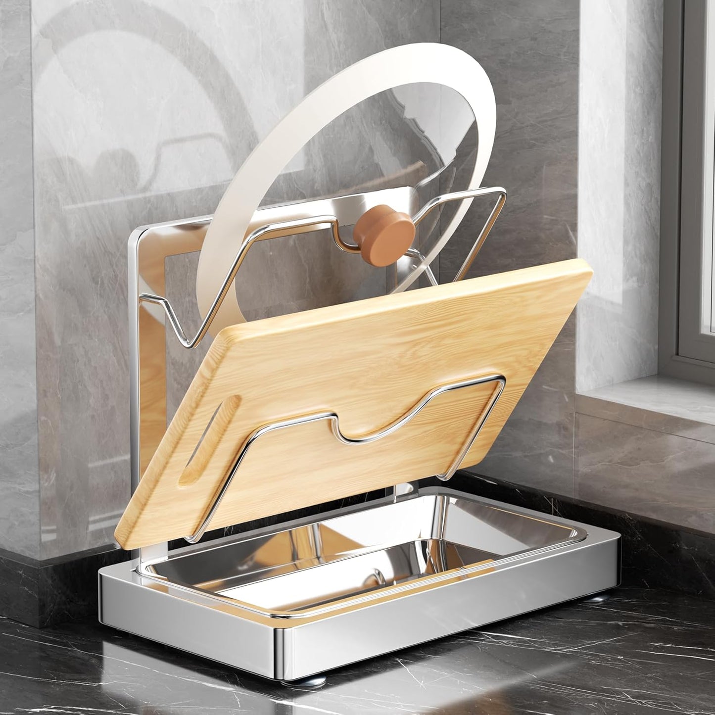 2 in 1 Stainless Pot lid holder & Cutting board holder for Kitchen, 2-Tier | Compact size with detachable drip tray, Kitchen Pot Lids Storage Rack and Organizer for various lid sizes & handles.