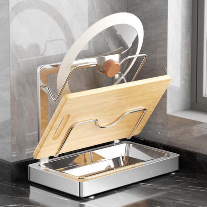 2 in 1 Stainless Pot lid holder & Cutting board holder for Kitchen, 2-Tier | Compact size with detachable drip tray, Kitchen Pot Lids Storage Rack and Organizer for various lid sizes & handles.
