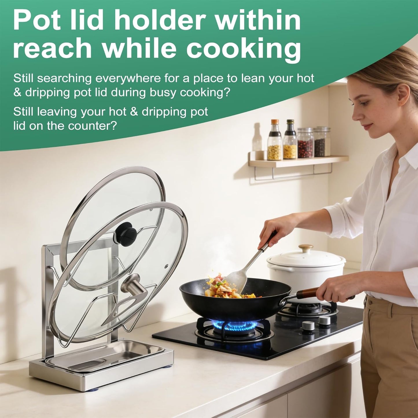 2 in 1 Stainless Pot lid holder & Cutting board holder for Kitchen, 2-Tier | Compact size with detachable drip tray, Kitchen Pot Lids Storage Rack and Organizer for various lid sizes & handles.