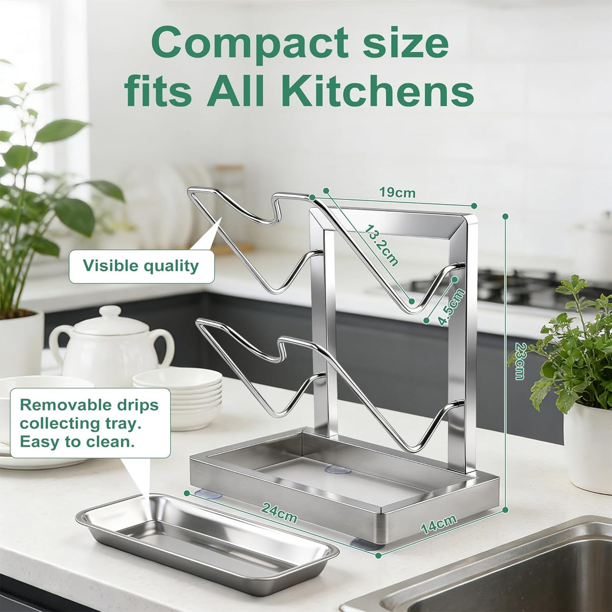 2 in 1 Stainless Pot lid holder & Cutting board holder for Kitchen, 2-Tier | Compact size with detachable drip tray, Kitchen Pot Lids Storage Rack and Organizer for various lid sizes & handles.