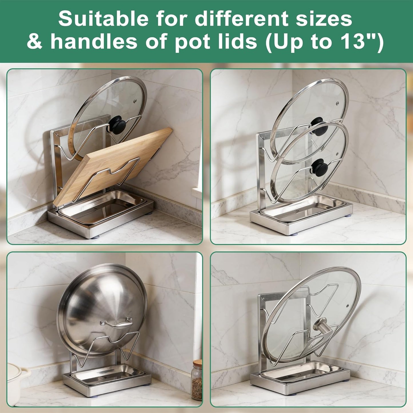 2 in 1 Stainless Pot lid holder & Cutting board holder for Kitchen, 2-Tier | Compact size with detachable drip tray, Kitchen Pot Lids Storage Rack and Organizer for various lid sizes & handles.