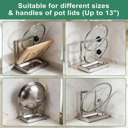2 in 1 Stainless Pot lid holder & Cutting board holder for Kitchen, 2-Tier | Compact size with detachable drip tray, Kitchen Pot Lids Storage Rack and Organizer for various lid sizes & handles.