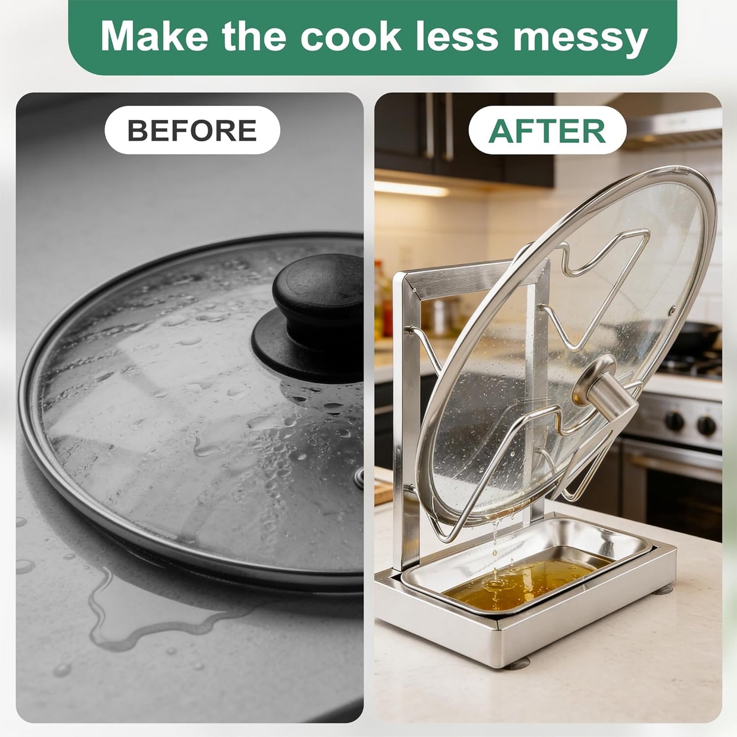 2 in 1 Stainless Pot lid holder & Cutting board holder for Kitchen, 2-Tier | Compact size with detachable drip tray, Kitchen Pot Lids Storage Rack and Organizer for various lid sizes & handles.