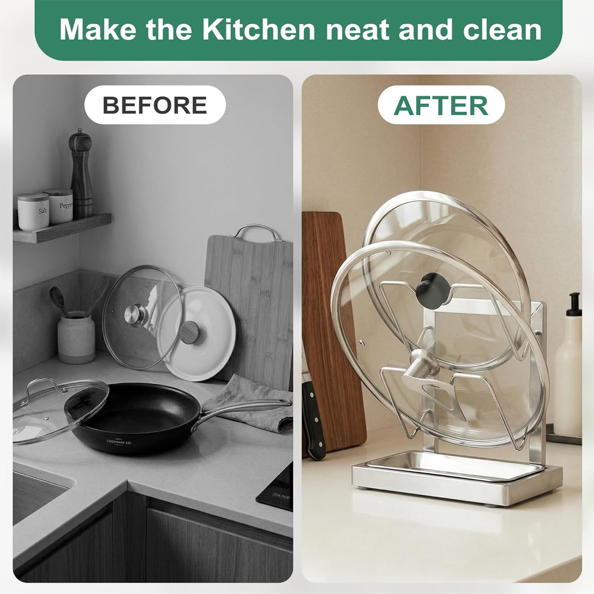 2 in 1 Stainless Pot lid holder & Cutting board holder for Kitchen, 2-Tier | Compact size with detachable drip tray, Kitchen Pot Lids Storage Rack and Organizer for various lid sizes & handles.