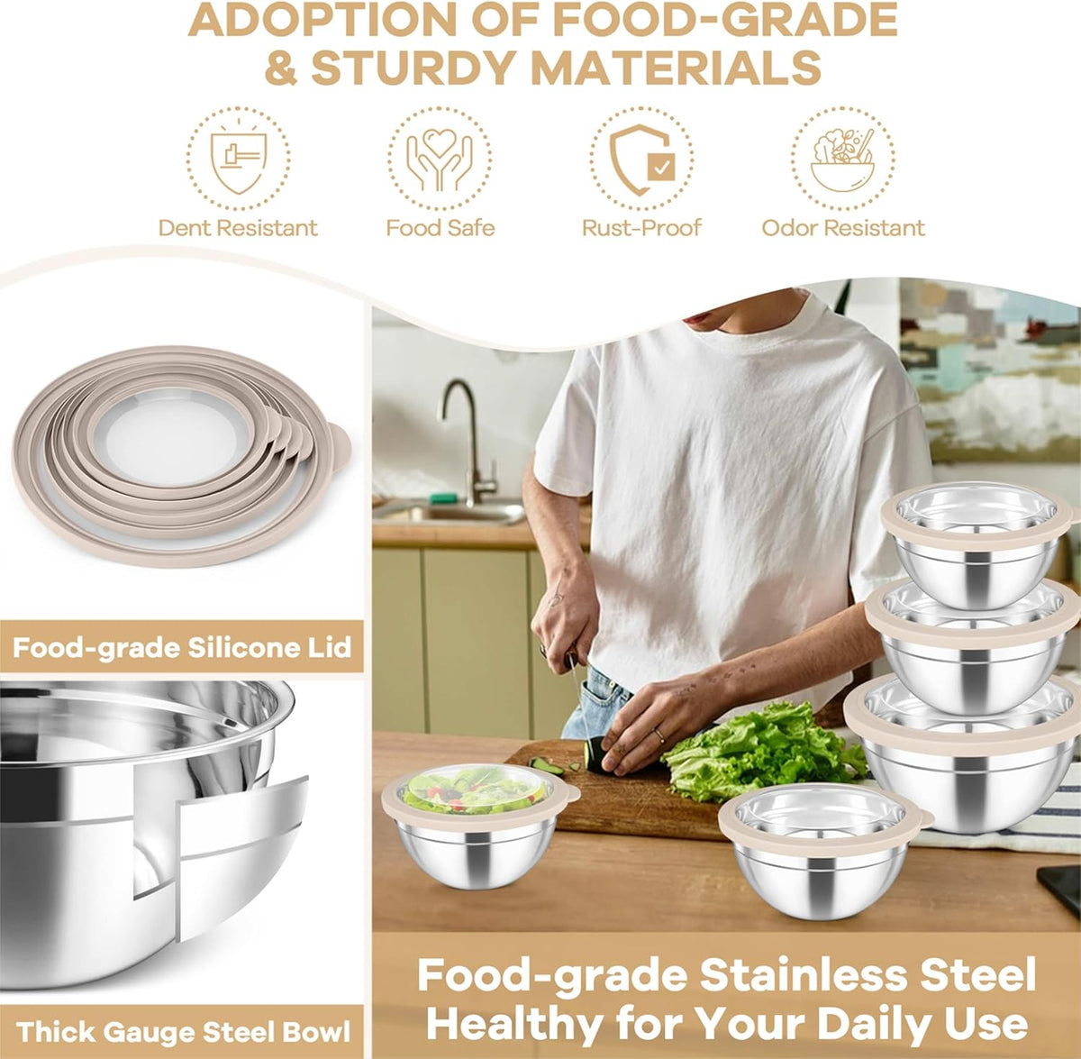Mixing Bowls with Lids Set of 5, Stainless Steel Salad Bowls
