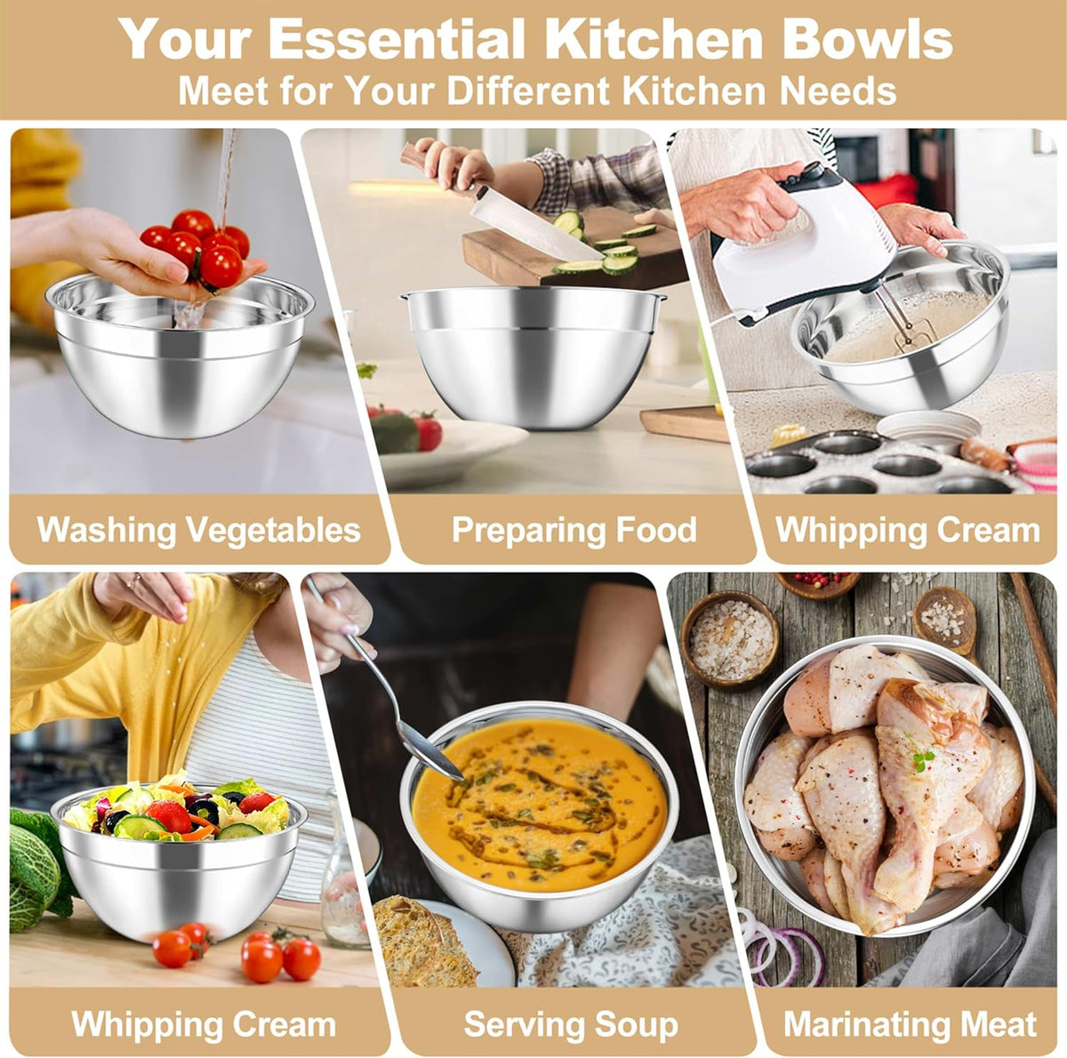 Mixing Bowls with Lids Set of 5, Stainless Steel Salad Bowls