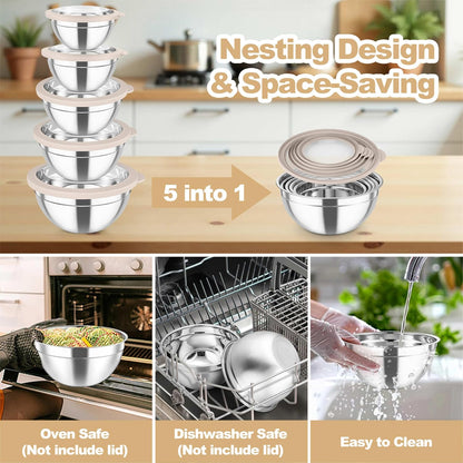 Mixing Bowls with Lids Set of 5, Stainless Steel Salad Bowls