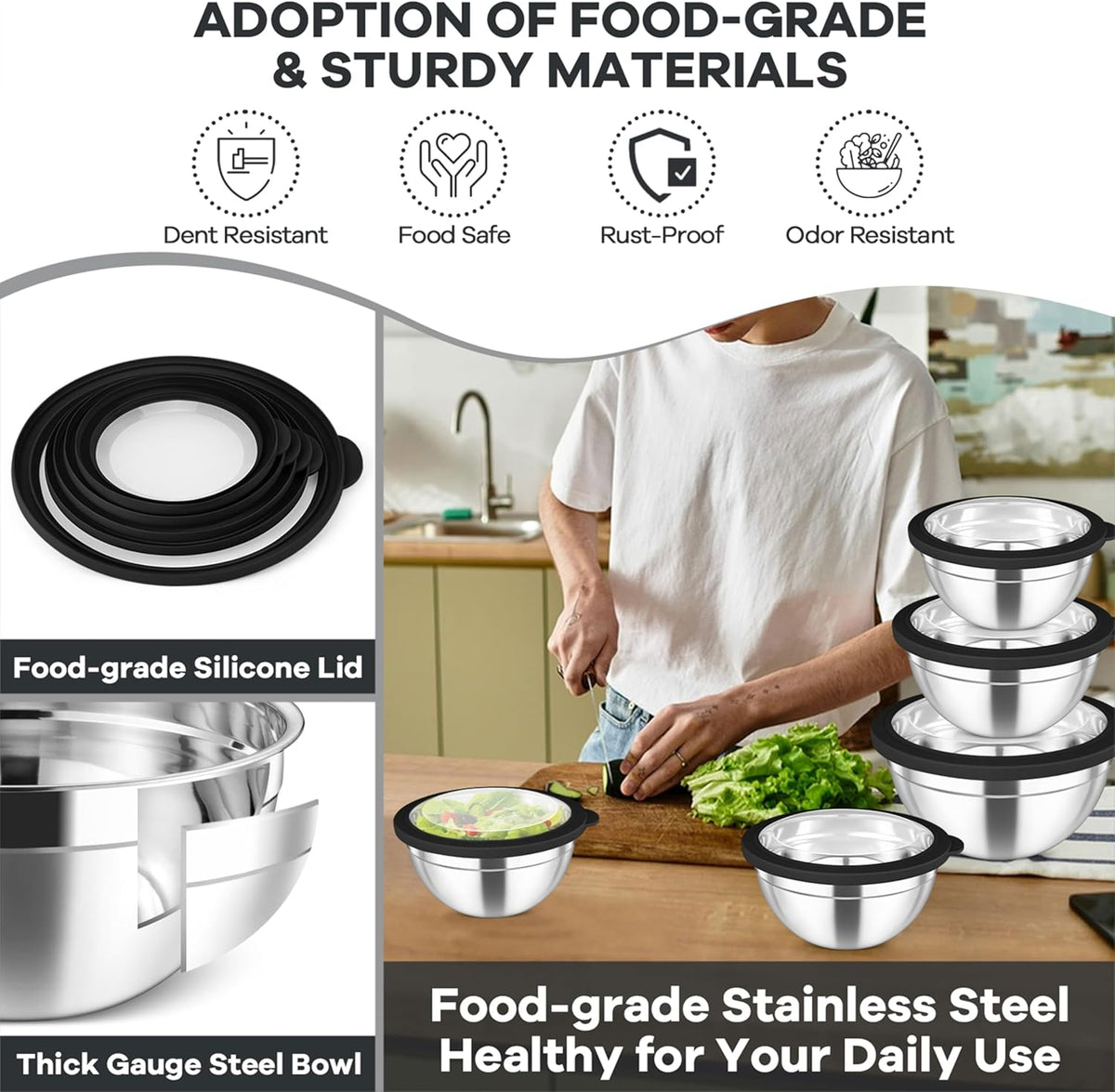 Mixing Bowls with Lids Set of 5, Stainless Steel Salad Bowls